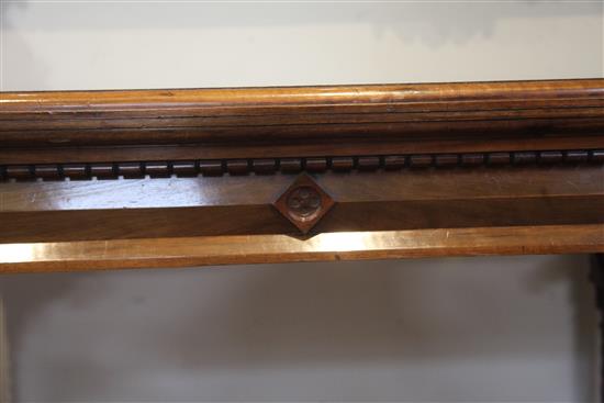 A Victorian Gothic revival walnut and marquetry rectangular card table, in the manner of Lamb of Manchester, W.3ft 2in.